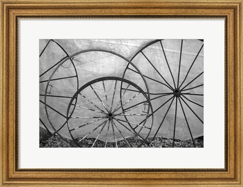 Framed Old Metal Wagon Wheels (BW) Print