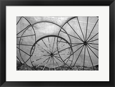 Framed Old Metal Wagon Wheels (BW) Print