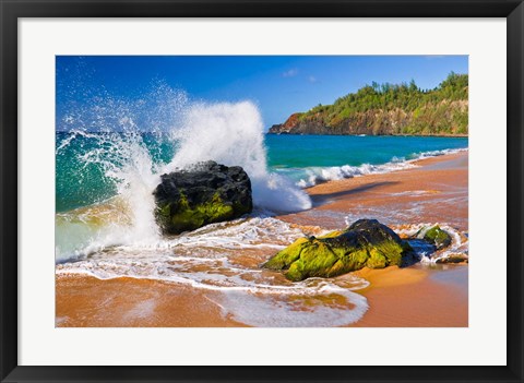 Framed Surf Crashing On Rocks At Secret Beach, Kauai, Hawaii Print