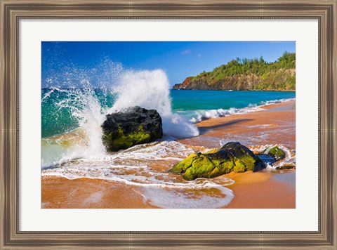 Framed Surf Crashing On Rocks At Secret Beach, Kauai, Hawaii Print