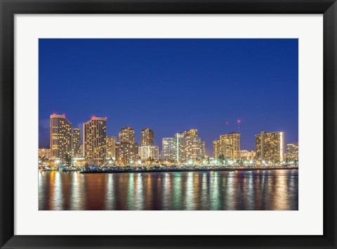 Framed Waikiki Skyline At Night, Honolulu, Hawaii Print