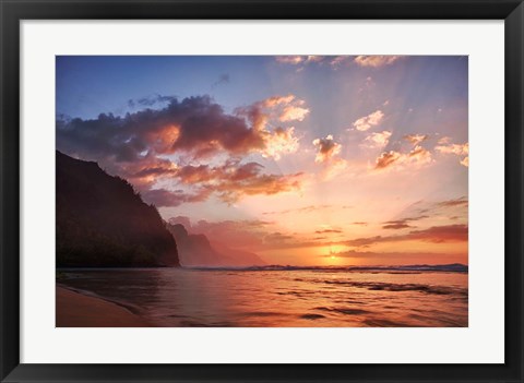 Framed Sunset Along The Coast Of Kauai, Hawaii Print