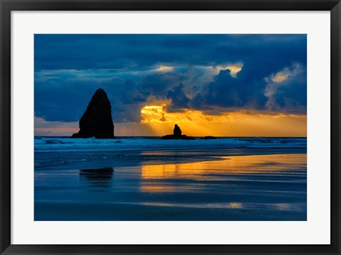 Framed Sunset On Needles Seastack Of Cannon Beach, Oregon Print