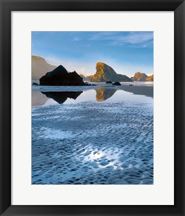 Framed Morning Light On Rocks At Meyers Beach, Oregon Print