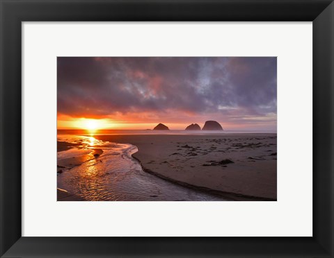 Framed Sunset On Three Arch Rocks, Oregon Print