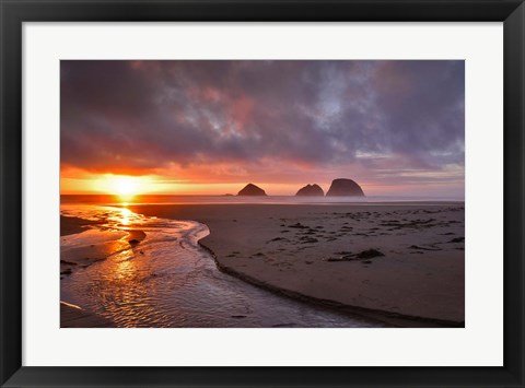 Framed Sunset On Three Arch Rocks, Oregon Print