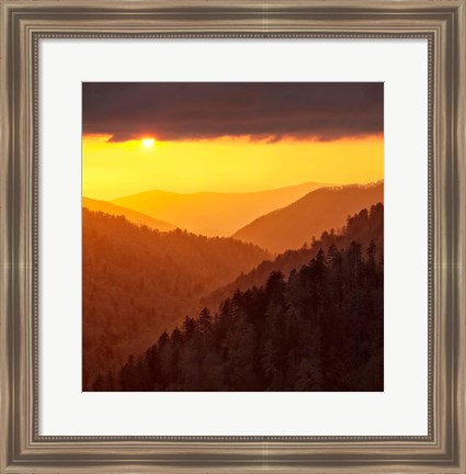 Framed Sunset Light Fills Valley Of The Great Smoky Mountains Print