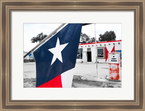 Framed Flag At An Antique Gas Station, Texas Print