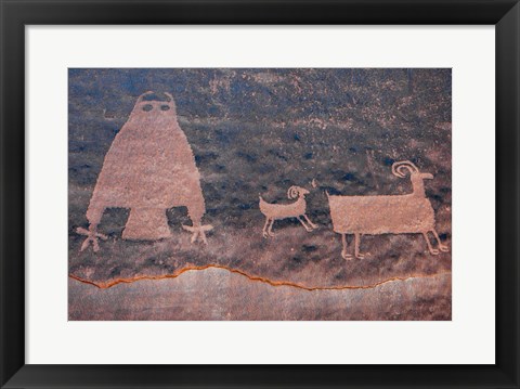 Framed Ancient Petroglyph Of Owl And Big Horn Sheep, Utah Print