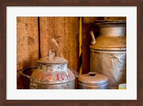 Framed Old Milk Containers From A Dairy Farm Print