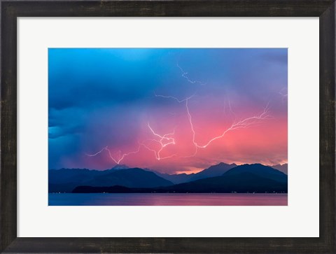 Framed Lightning Over Hood Canal And The Olympic Mountains Print