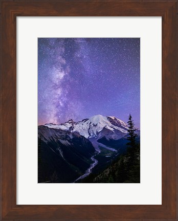 Framed White River Valley Looking Toward Mt Rainier On A Starlit Night Print