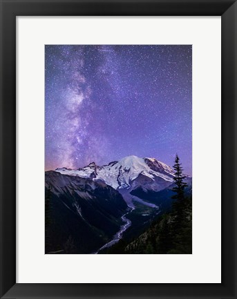 Framed White River Valley Looking Toward Mt Rainier On A Starlit Night Print