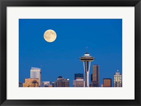 Framed Seattle Skyline View With Full Moon Print