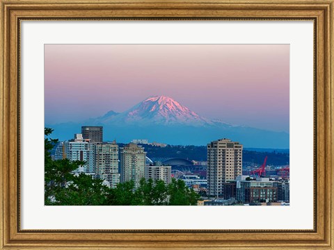 Framed Mount Rainier Behind The Seattle Skyline Print