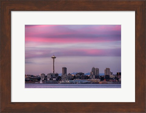 Framed Pink Sunset With The Seattle Space Needle Print