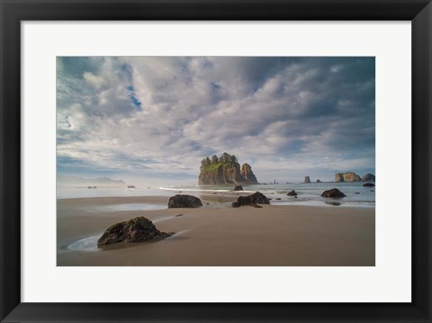 Framed Early Morning Mist And Sea Stacks On Second Beach Print