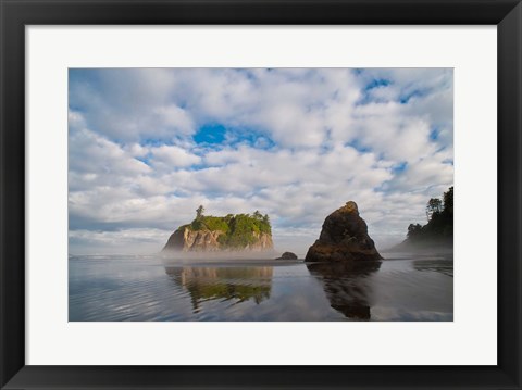 Framed Early Morning Mist And Reflections Of Sea Stacks On Ruby Beach Print