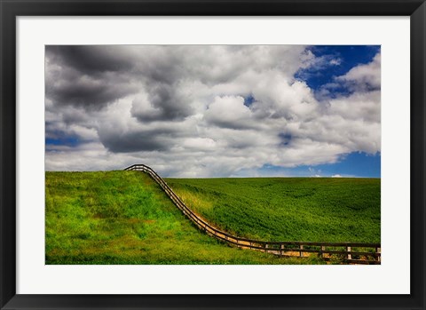 Framed Long Fence Running Through A Wheat Field Print