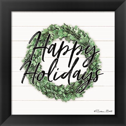 Framed Happy Holidays Boxwood Wreath Print