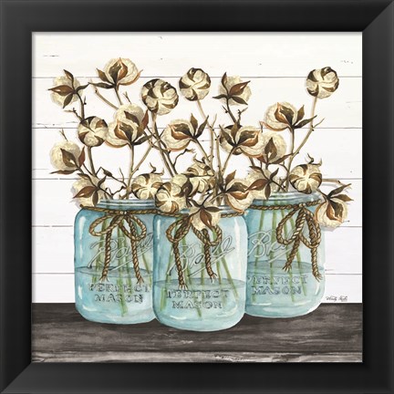 Framed Blue Jars - Cotton Stems Print