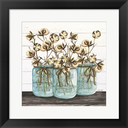 Framed Blue Jars - Cotton Stems Print