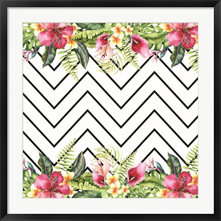 Framed Watercolor Tropical Flowers and Lines Print