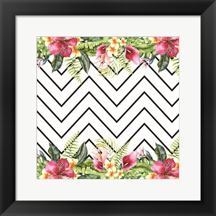 Framed Watercolor Tropical Flowers and Lines Print