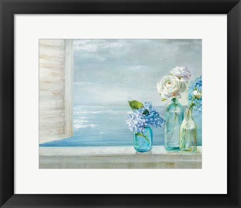 Framed Beautiful Day At the Beach - 3 Glass Bottles Print