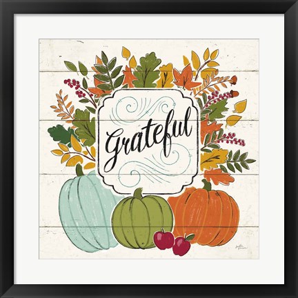 Framed Thankful II White Leaves Print