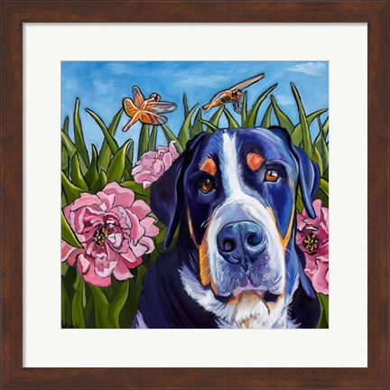 Framed Dog and Dragonflies Print