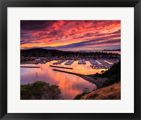 Framed Red Sunset Over Harbor Print