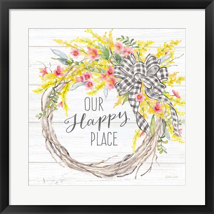 Framed Spring Gingham Wreath Happy Place Print