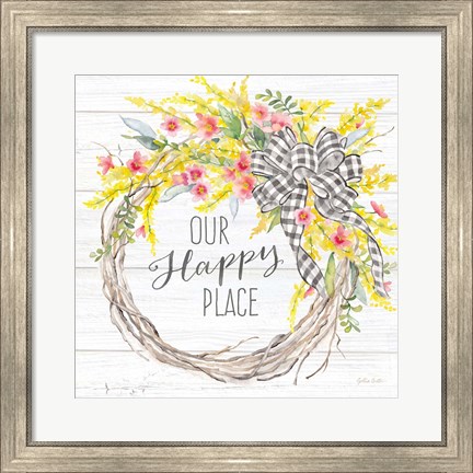 Framed Spring Gingham Wreath Happy Place Print