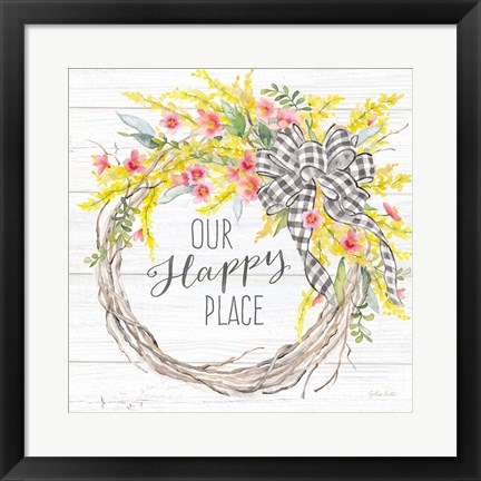 Framed Spring Gingham Wreath Happy Place Print