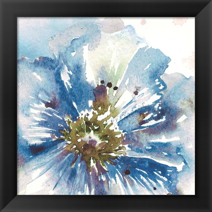 Framed Blue Watercolor Poppy Close Up I Print