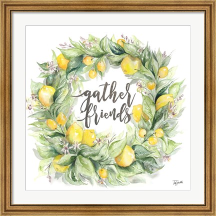 Framed Watercolor Lemon Wreath Gather Friends Print