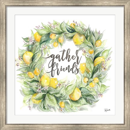 Framed Watercolor Lemon Wreath Gather Friends Print