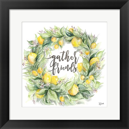 Framed Watercolor Lemon Wreath Gather Friends Print