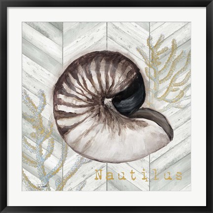 Framed Gray Gold Chevron Nautilus Shell Print