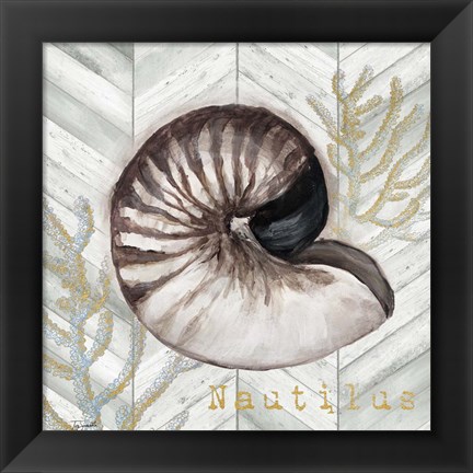 Framed Gray Gold Chevron Nautilus Shell Print