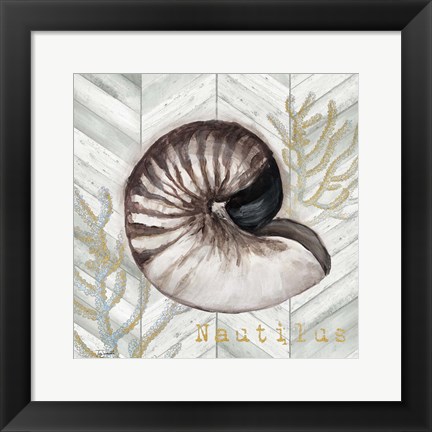 Framed Gray Gold Chevron Nautilus Shell Print