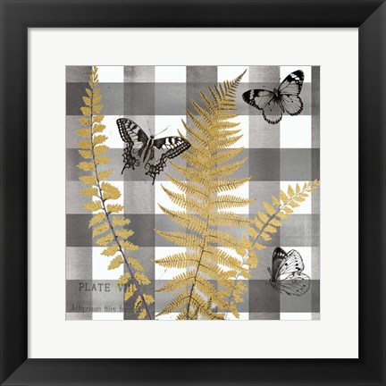 Framed Buffalo Check Ferns and Butterflies Neutral I Print