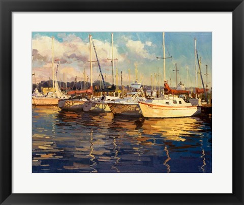 Framed Boats on Glassy Harbor Print