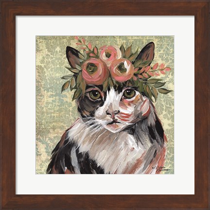 Framed Cat with Floral Crown Print