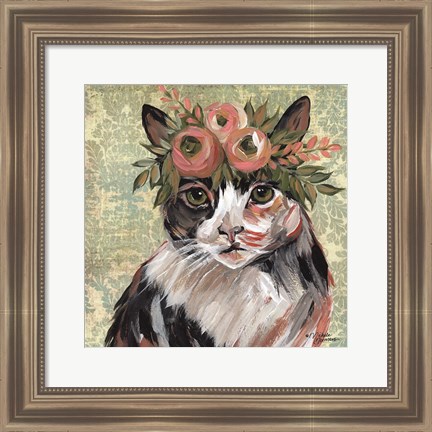 Framed Cat with Floral Crown Print