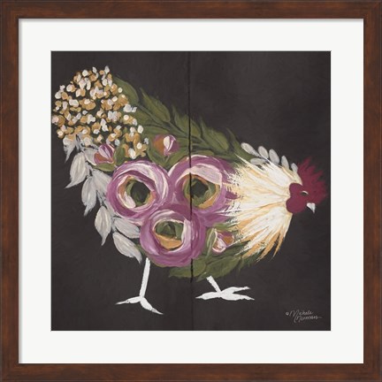 Framed Floral Hen on Black Print