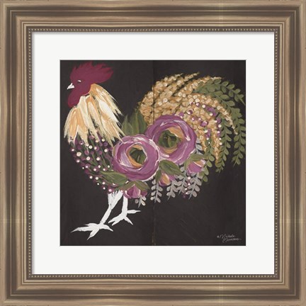 Framed Floral Rooster on Black Print