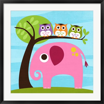 Framed Elephant with Three Owls Print