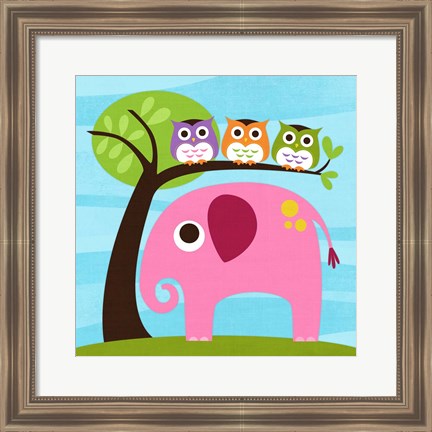 Framed Elephant with Three Owls Print